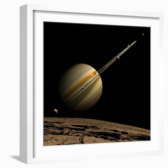 An Artist's Depiction of a Ringed Gas Giant Planet with Six Moons-null-Framed Art Print