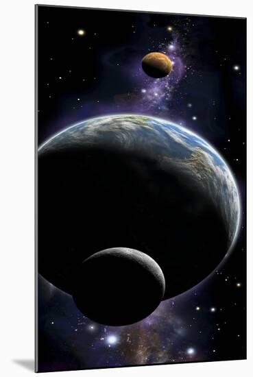 An Artist's Depiction of an Earth Type World with Two Orbiting Moons-null-Mounted Art Print