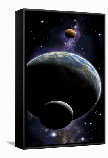 An Artist's Depiction of an Earth Type World with Two Orbiting Moons-null-Framed Stretched Canvas