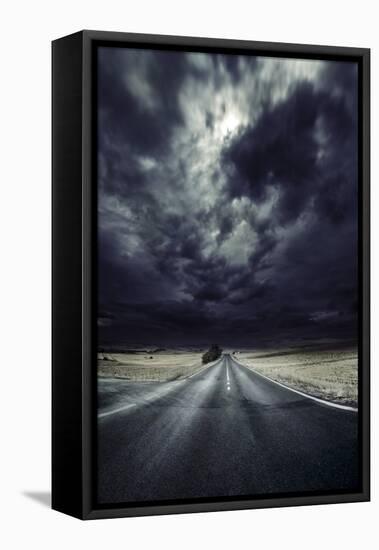 An Asphalt Road with Stormy Sky Above, Tuscany, Italy-null-Framed Stretched Canvas