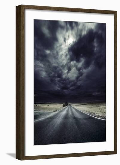 An Asphalt Road with Stormy Sky Above, Tuscany, Italy-null-Framed Photographic Print