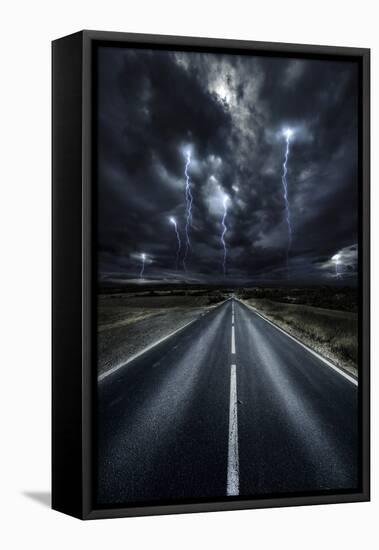 An Asphalt Road with Stormy Sky Above, Tuscany, Italy-null-Framed Stretched Canvas