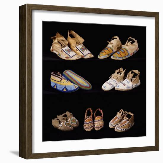 An Assortment of Arapaho, Crow, Western Sioux, Apache and Blackfeet Beaded Hide Moccasins-null-Framed Giclee Print