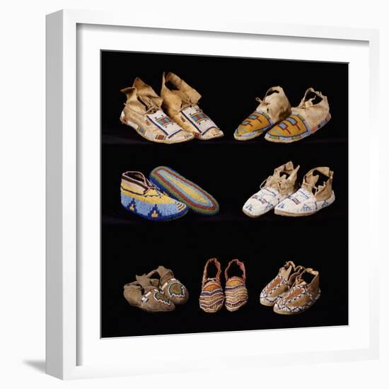 An Assortment of Arapaho, Crow, Western Sioux, Apache and Blackfeet Beaded Hide Moccasins-null-Framed Giclee Print