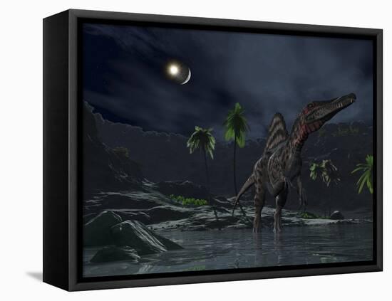 An Asteroid Impact on the Moon While a Spinosaurus Wanders in the Foreground-Stocktrek Images-Framed Stretched Canvas