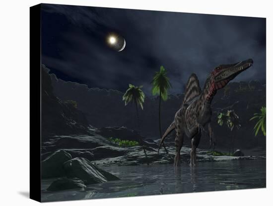 An Asteroid Impact on the Moon While a Spinosaurus Wanders in the Foreground-Stocktrek Images-Stretched Canvas