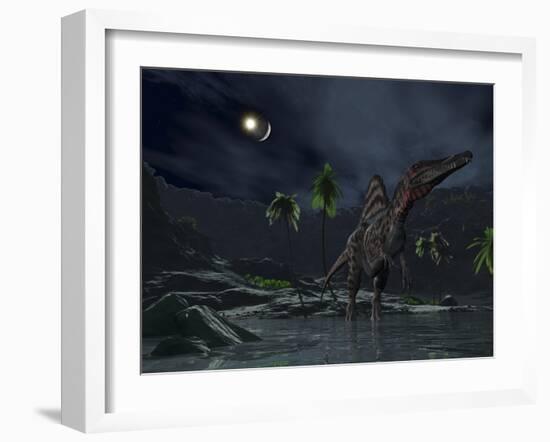 An Asteroid Impact on the Moon While a Spinosaurus Wanders in the Foreground-Stocktrek Images-Framed Photographic Print