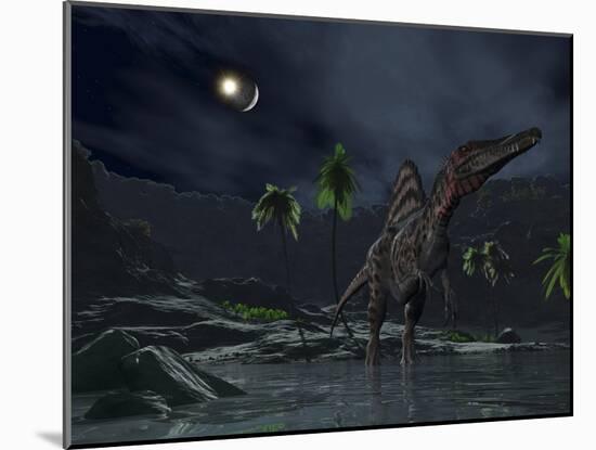 An Asteroid Impact on the Moon While a Spinosaurus Wanders in the Foreground-Stocktrek Images-Mounted Photographic Print