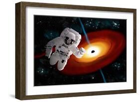 An Astronaut Floating in Outer Space as He Is Pulled Towards a Massive Black Hole-Stocktrek Images-Framed Art Print