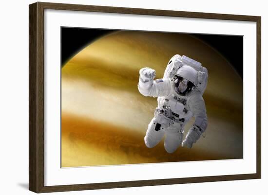 An Astronaut Floating in Space Above a Large Alien Planet-Stocktrek Images-Framed Art Print