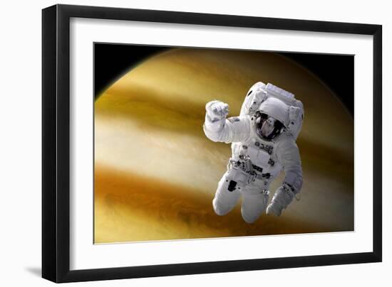 An Astronaut Floating in Space Above a Large Alien Planet-Stocktrek Images-Framed Art Print