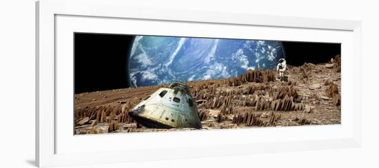 An Astronaut Surveys His Situation on a Barren and Rocky Moon-Stocktrek Images-Framed Art Print