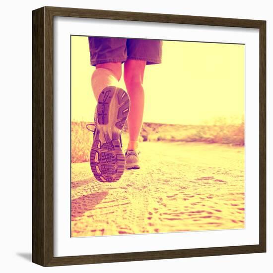 An Athletic Pair of Legs on a Dirt Path during Sunrise or Sunset - Healthy Lifestyle Concept Toned-graphicphoto-Framed Photographic Print