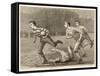 An Attacking Player Charges Forward with the Ball Chased by Two Opposing Players-W.b. Wall-Framed Stretched Canvas
