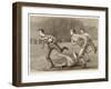 An Attacking Player Charges Forward with the Ball Chased by Two Opposing Players-W.b. Wall-Framed Art Print