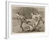 An Attacking Player Charges Forward with the Ball Chased by Two Opposing Players-W.b. Wall-Framed Art Print