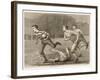 An Attacking Player Charges Forward with the Ball Chased by Two Opposing Players-W.b. Wall-Framed Art Print