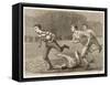 An Attacking Player Charges Forward with the Ball Chased by Two Opposing Players-W.b. Wall-Framed Stretched Canvas