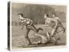An Attacking Player Charges Forward with the Ball Chased by Two Opposing Players-W.b. Wall-Stretched Canvas