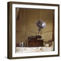 An Early Edison Phonograph Using Grooved Wax Cylinders Shown Beside the Instrument-null-Framed Photographic Print