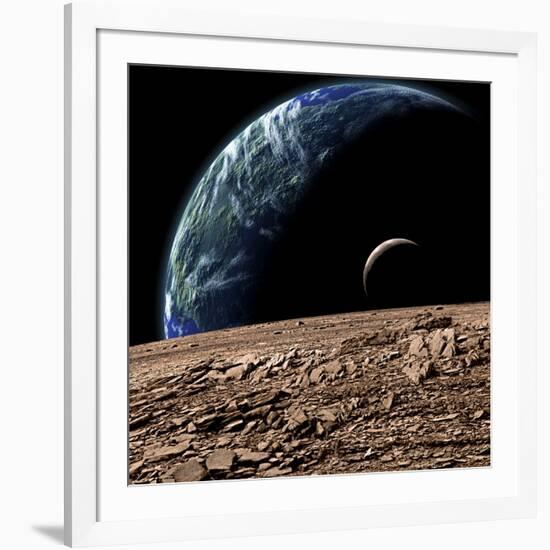 An Earth-Like Planet in Deep Space with an Orbiting Moon-null-Framed Art Print