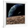 An Earth-Like Planet in Deep Space with an Orbiting Moon-null-Framed Art Print