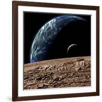 An Earth-Like Planet in Deep Space with an Orbiting Moon-null-Framed Art Print