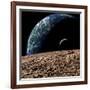 An Earth-Like Planet in Deep Space with an Orbiting Moon-null-Framed Art Print