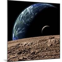 An Earth-Like Planet in Deep Space with an Orbiting Moon-null-Mounted Art Print