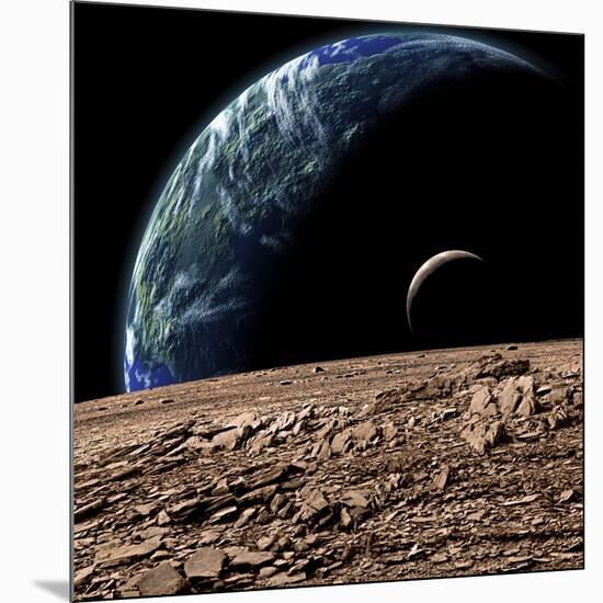 An Earth-Like Planet in Deep Space with an Orbiting Moon-null-Mounted Art Print