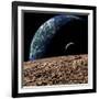 An Earth-Like Planet in Deep Space with an Orbiting Moon-null-Framed Premium Giclee Print