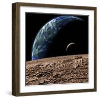 An Earth-Like Planet in Deep Space with an Orbiting Moon-null-Framed Art Print