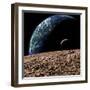 An Earth-Like Planet in Deep Space with an Orbiting Moon-null-Framed Art Print