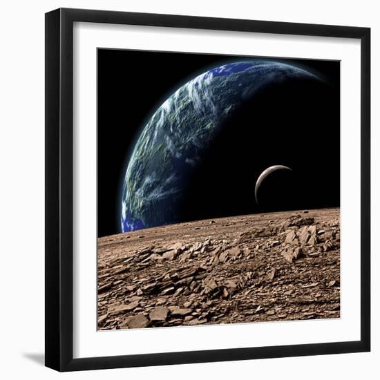 An Earth-Like Planet in Deep Space with an Orbiting Moon-null-Framed Art Print