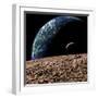 An Earth-Like Planet in Deep Space with an Orbiting Moon-null-Framed Art Print