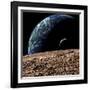 An Earth-Like Planet in Deep Space with an Orbiting Moon-null-Framed Art Print