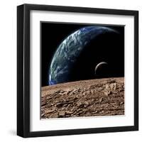 An Earth-Like Planet in Deep Space with an Orbiting Moon-null-Framed Art Print