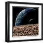 An Earth-Like Planet in Deep Space with an Orbiting Moon-null-Framed Art Print