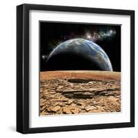 An Earth-Like Planet Rises over a Rocky and Barren Alien Moon-Stocktrek Images-Framed Art Print