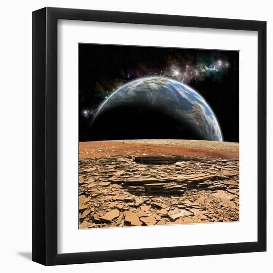 An Earth-Like Planet Rises over a Rocky and Barren Alien Moon-Stocktrek Images-Framed Art Print