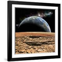 An Earth-Like Planet Rises over a Rocky and Barren Alien Moon-Stocktrek Images-Framed Art Print