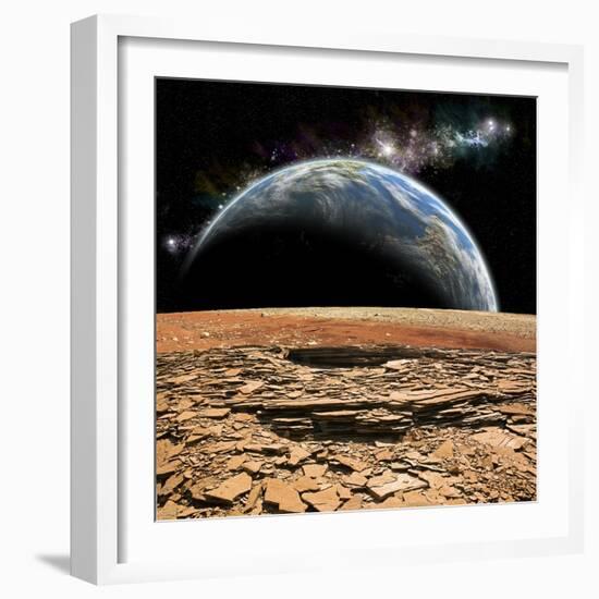 An Earth-Like Planet Rises over a Rocky and Barren Alien Moon-Stocktrek Images-Framed Art Print