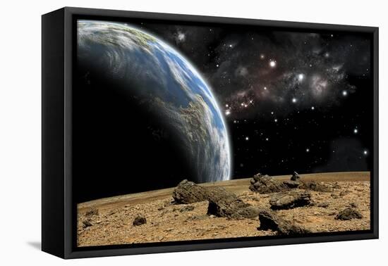 An Earth-Like Planet Rises over a Rocky and Barren Alien World-Stocktrek Images-Framed Stretched Canvas