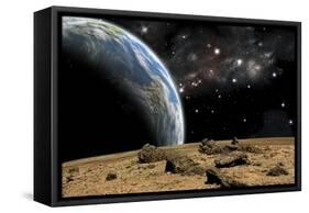 An Earth-Like Planet Rises over a Rocky and Barren Alien World-Stocktrek Images-Framed Stretched Canvas