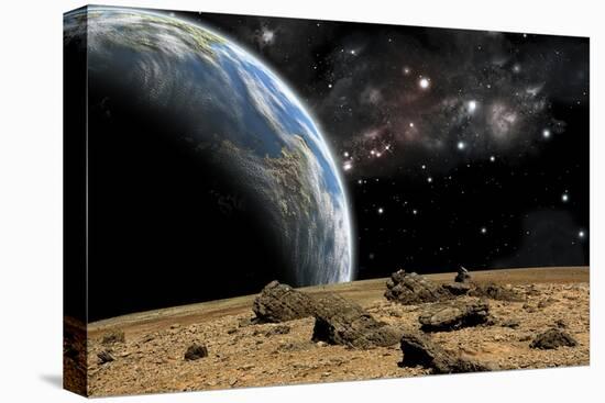 An Earth-Like Planet Rises over a Rocky and Barren Alien World-Stocktrek Images-Stretched Canvas