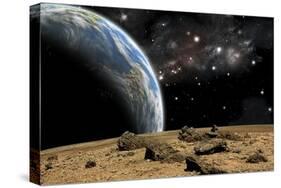 An Earth-Like Planet Rises over a Rocky and Barren Alien World-Stocktrek Images-Stretched Canvas