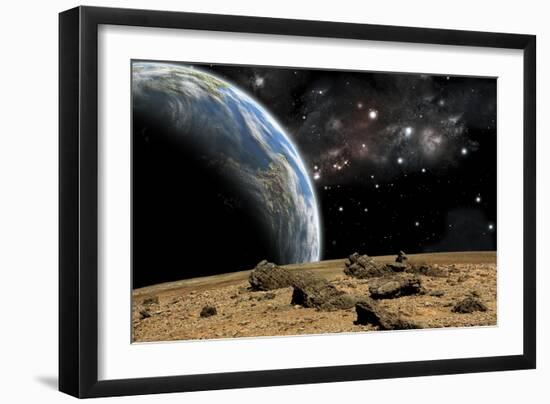 An Earth-Like Planet Rises over a Rocky and Barren Alien World-Stocktrek Images-Framed Art Print