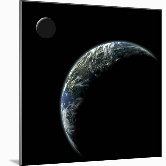 An Earth-Like Planet with an Orbiting Moon Illuminated by a Nearby Sun-null-Mounted Art Print
