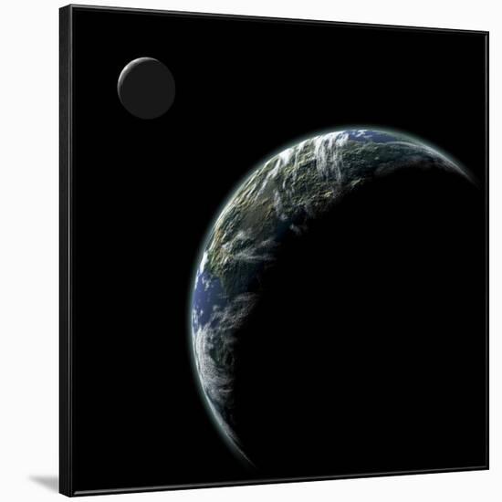 An Earth-Like Planet with an Orbiting Moon Illuminated by a Nearby Sun-null-Framed Art Print