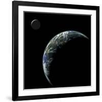 An Earth-Like Planet with an Orbiting Moon Illuminated by a Nearby Sun-null-Framed Art Print